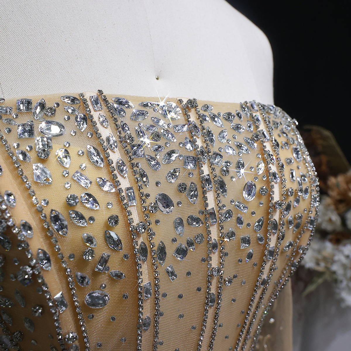 Luxury Watermelon Sequin Crystal Evening Dress with Off Shoulder Sleeves XD004 