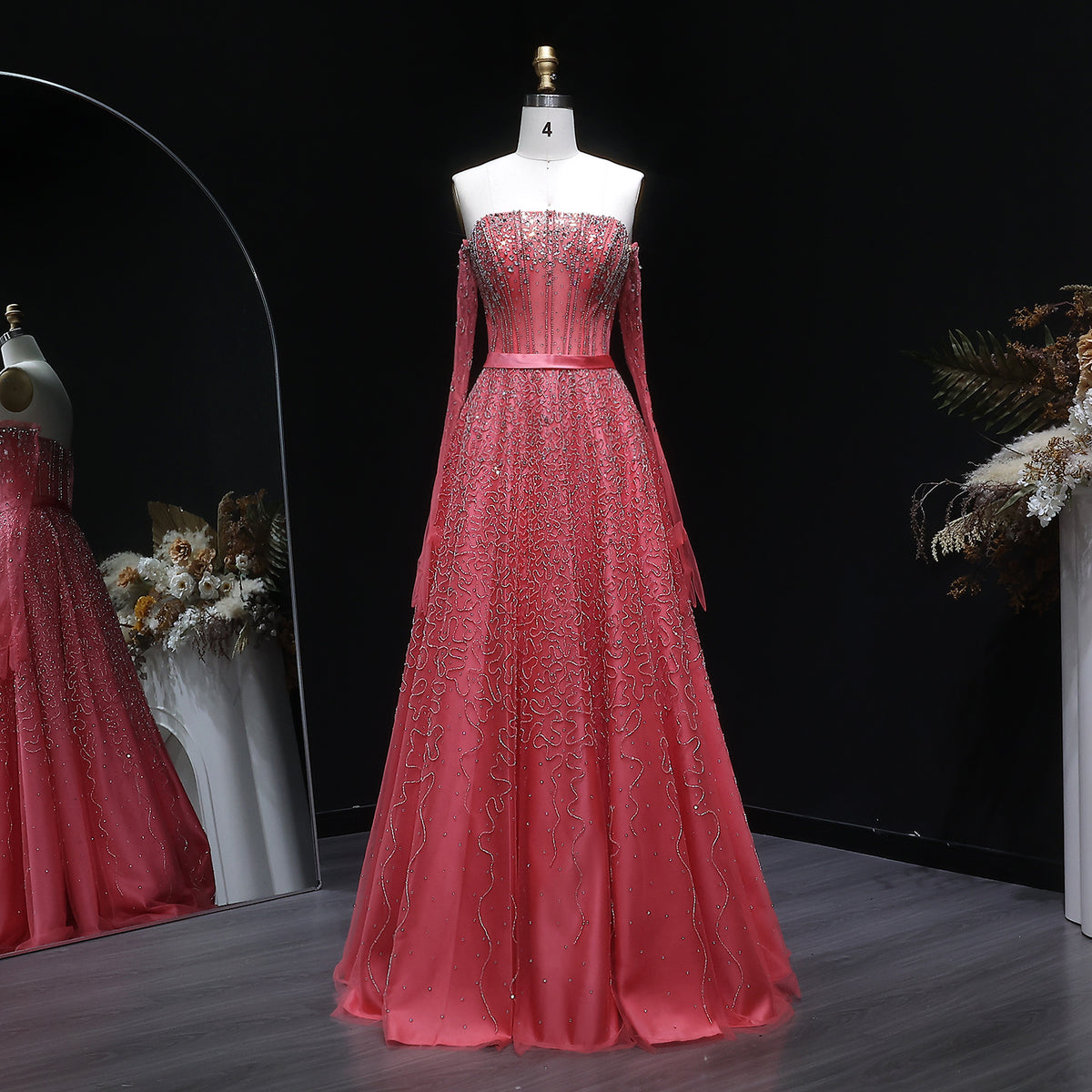 Luxury Watermelon Sequin Crystal Evening Dress with Off Shoulder Sleeves XD004 