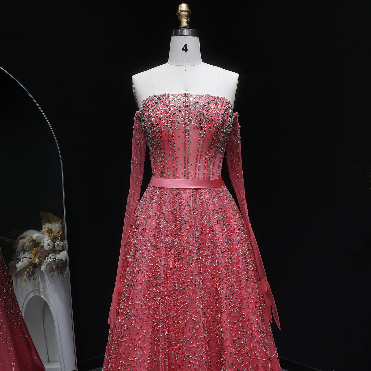 Luxury Watermelon Sequin Crystal Evening Dress with Off Shoulder Sleeves XD004 