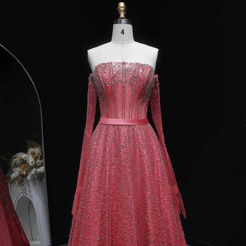 Luxury Watermelon Sequin Crystal Evening Dress with Off Shoulder Sleeves XD004 