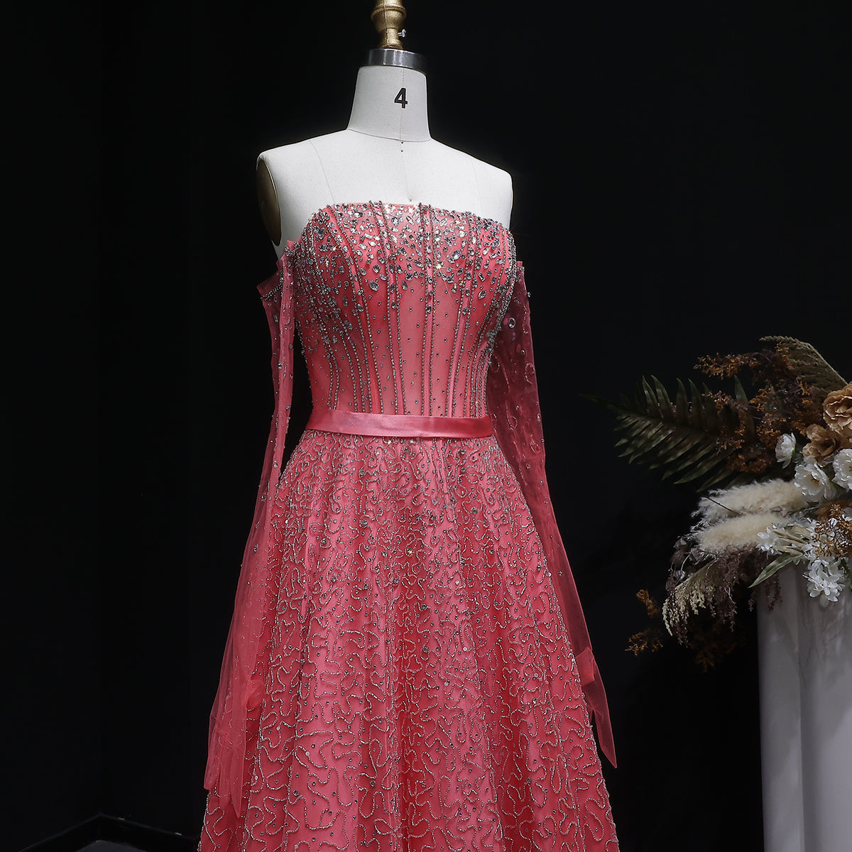 Luxury Watermelon Sequin Crystal Evening Dress with Off Shoulder Sleeves XD004 