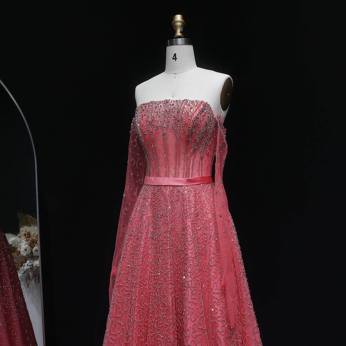 Luxury Watermelon Sequin Crystal Evening Dress with Off Shoulder Sleeves XD004 