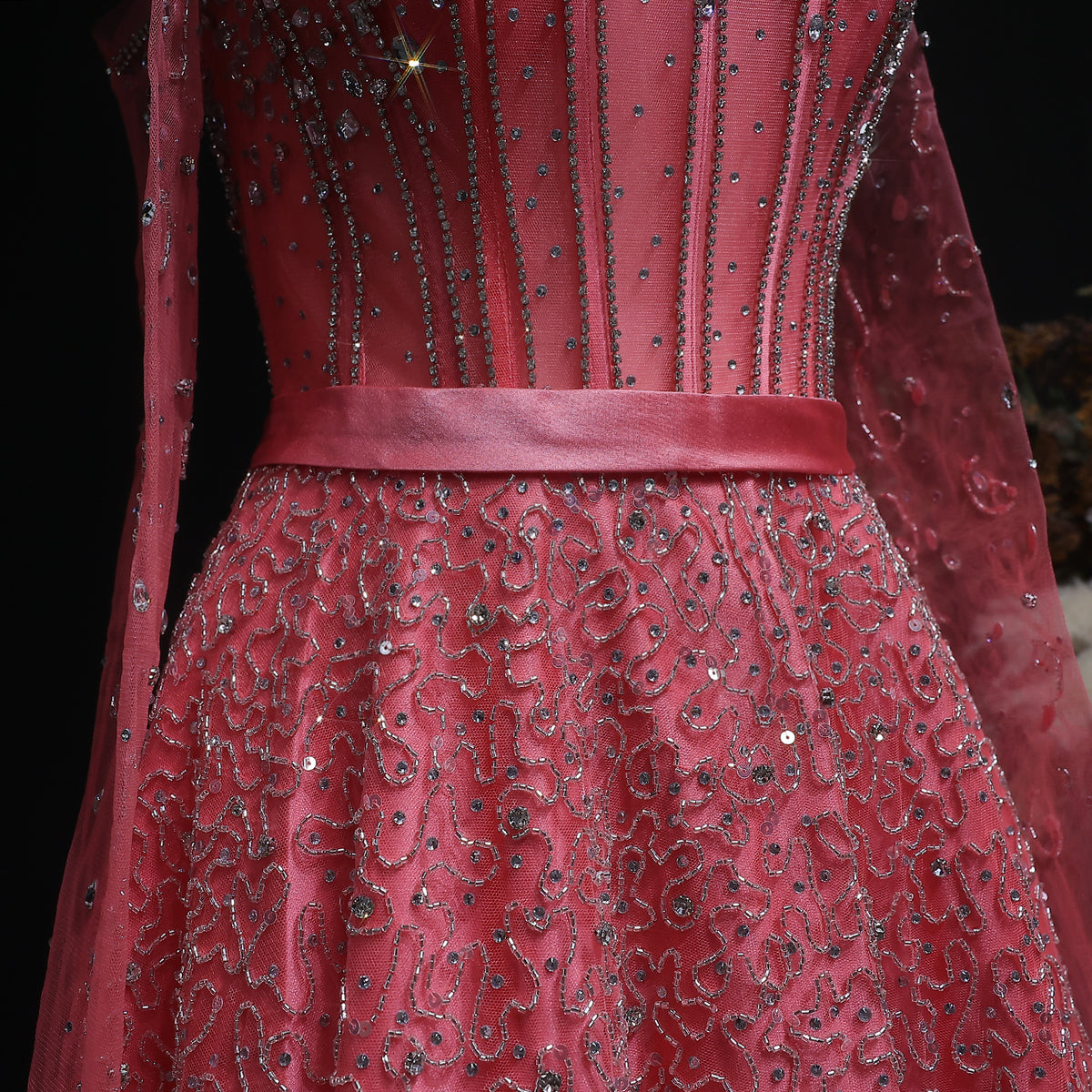 Luxury Watermelon Sequin Crystal Evening Dress with Off Shoulder Sleeves XD004 