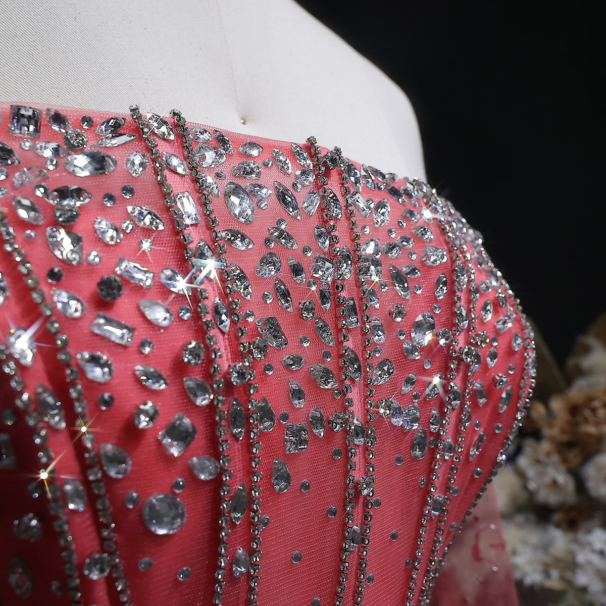 Luxury Watermelon Sequin Crystal Evening Dress with Off Shoulder Sleeves XD004 