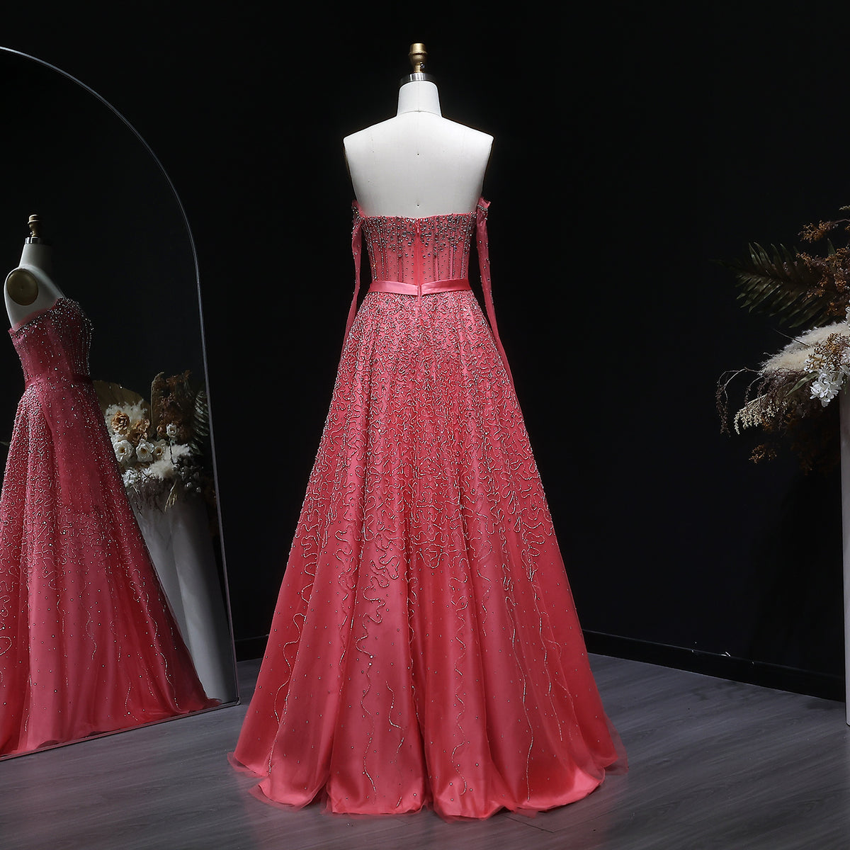Luxury Watermelon Sequin Crystal Evening Dress with Off Shoulder Sleeves XD004 