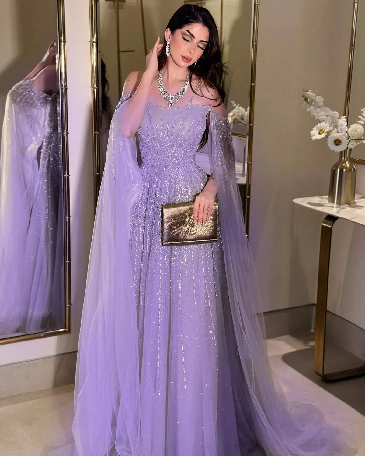 Chic Green Beaded Spaghetti-Strap Tulle Evening Dress XD024 