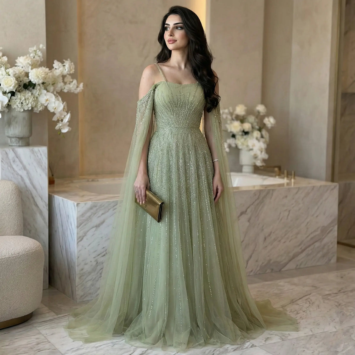 Chic Green Beaded Spaghetti-Strap Tulle Evening Dress XD024 - SHARONSAID Chic Green Beaded Spaghetti-Strap Tulle Evening Dress XD024 - SHARONSAID