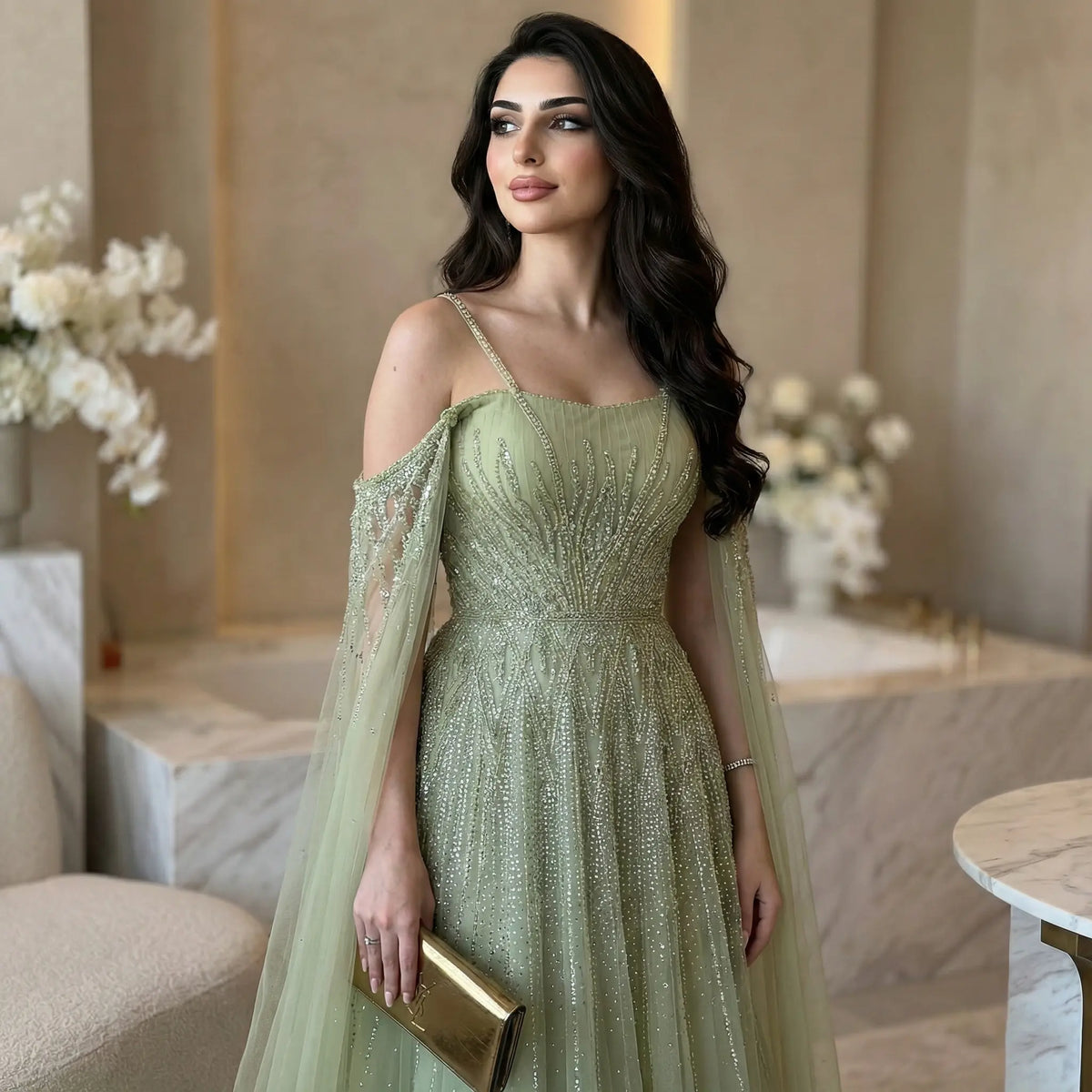 Chic Green Beaded Spaghetti-Strap Tulle Evening Dress XD024 