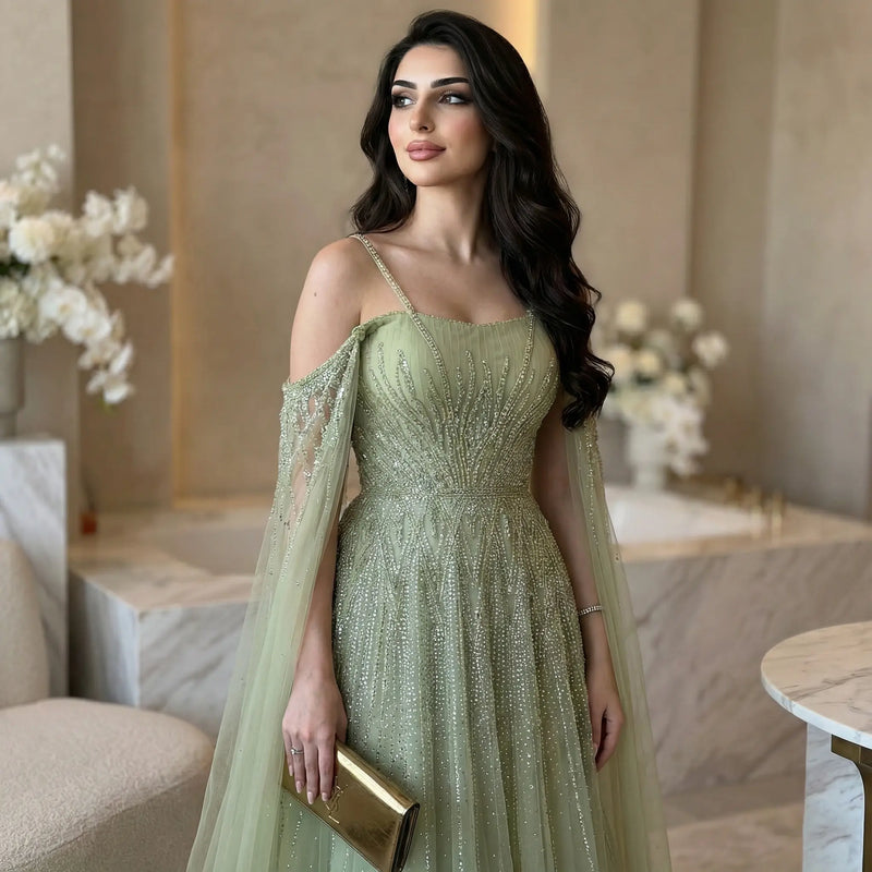 Chic Green Beaded Spaghetti-Strap Tulle Evening Dress XD024 