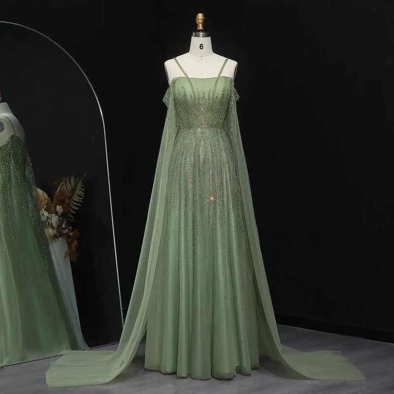 Chic Green Beaded Spaghetti-Strap Tulle Evening Dress XD024 