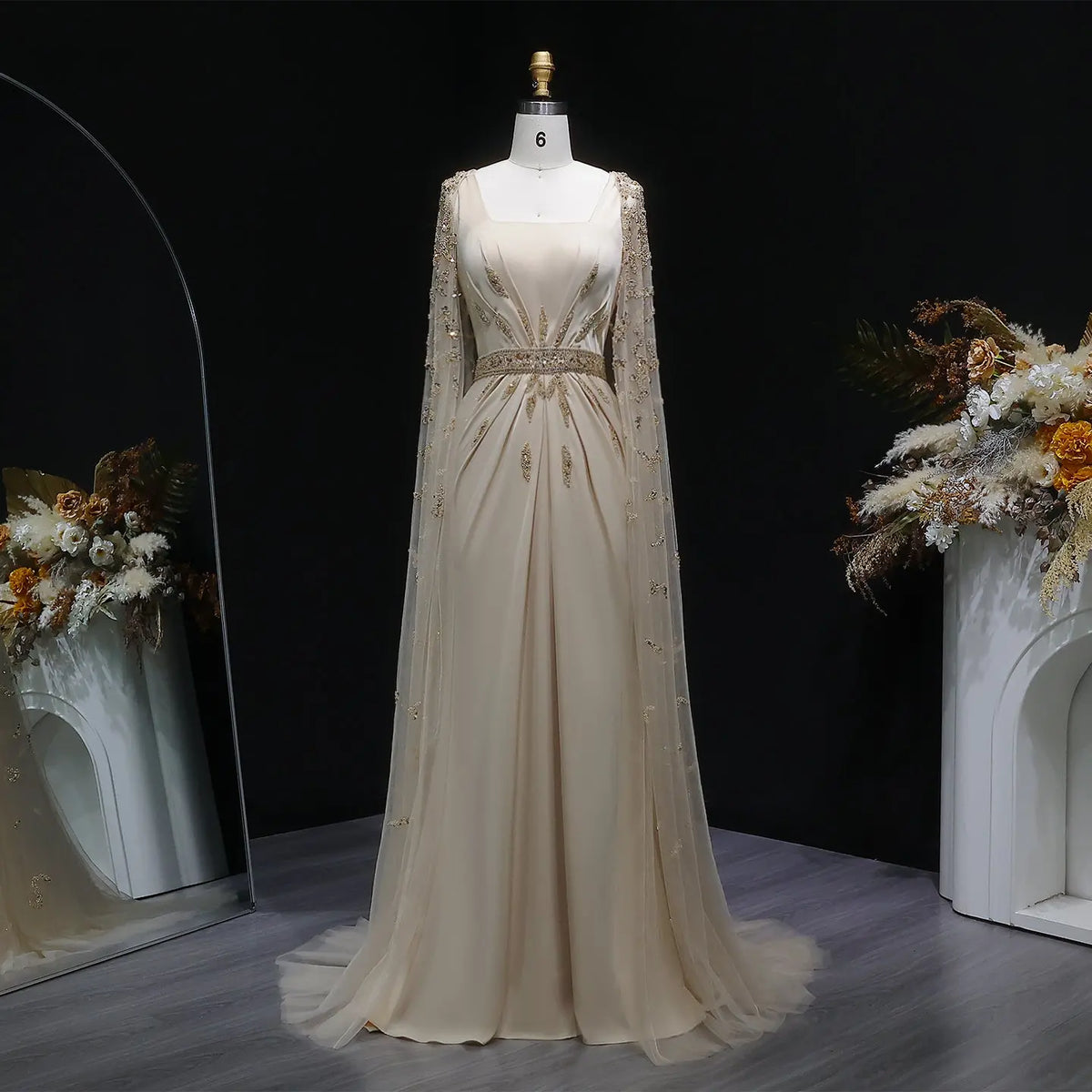 Champagne Square Neck Beaded Evening Dress SS213