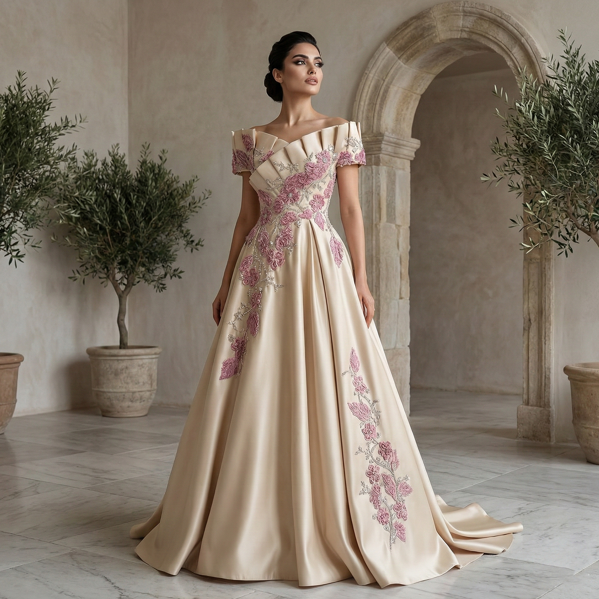 Elegant Champagne Pearl Off-Shoulder 3D Floral Evening Dress XD096