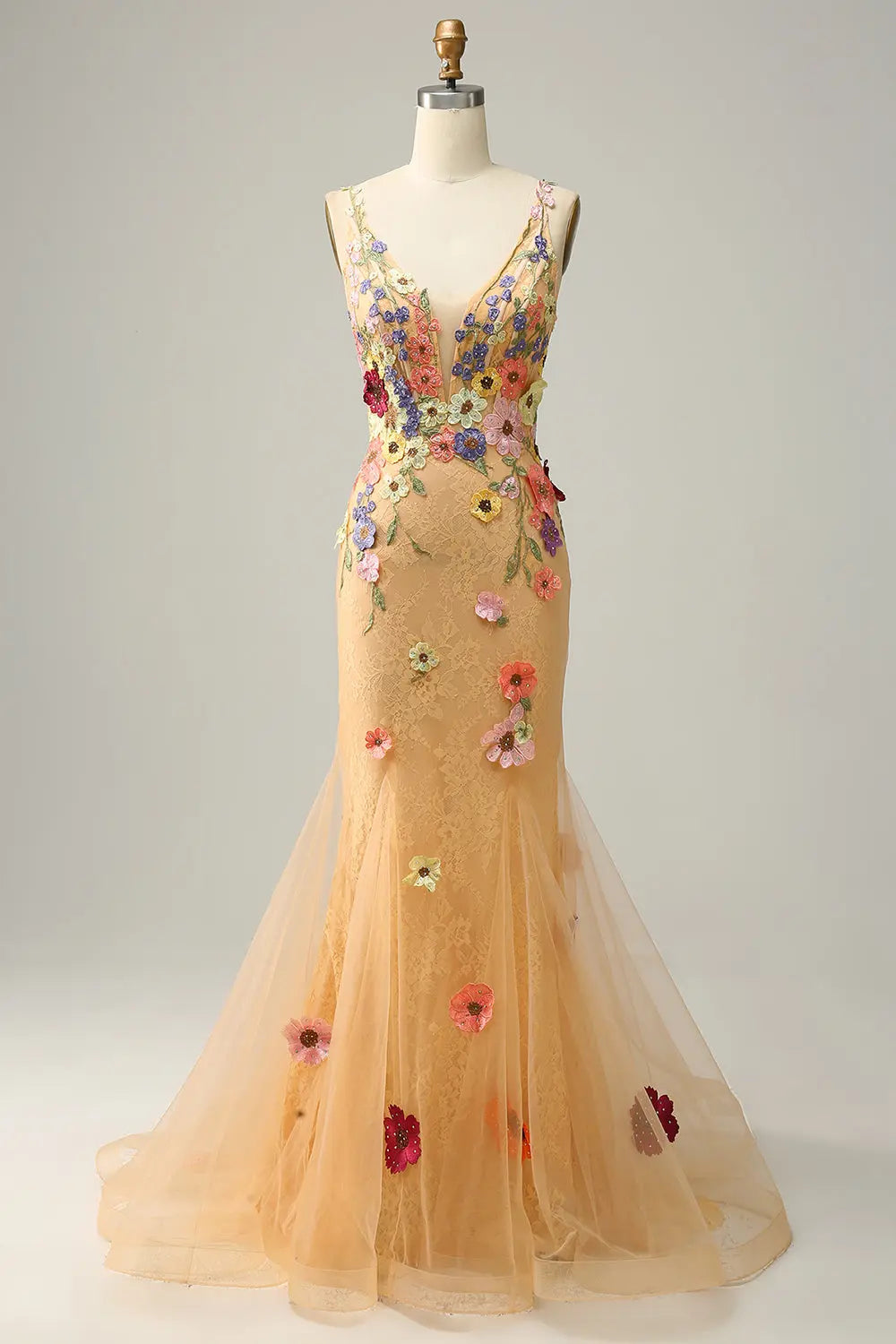 Luxury Champagne Spaghetti Strap Floral Embroidered Prom Dress SH440