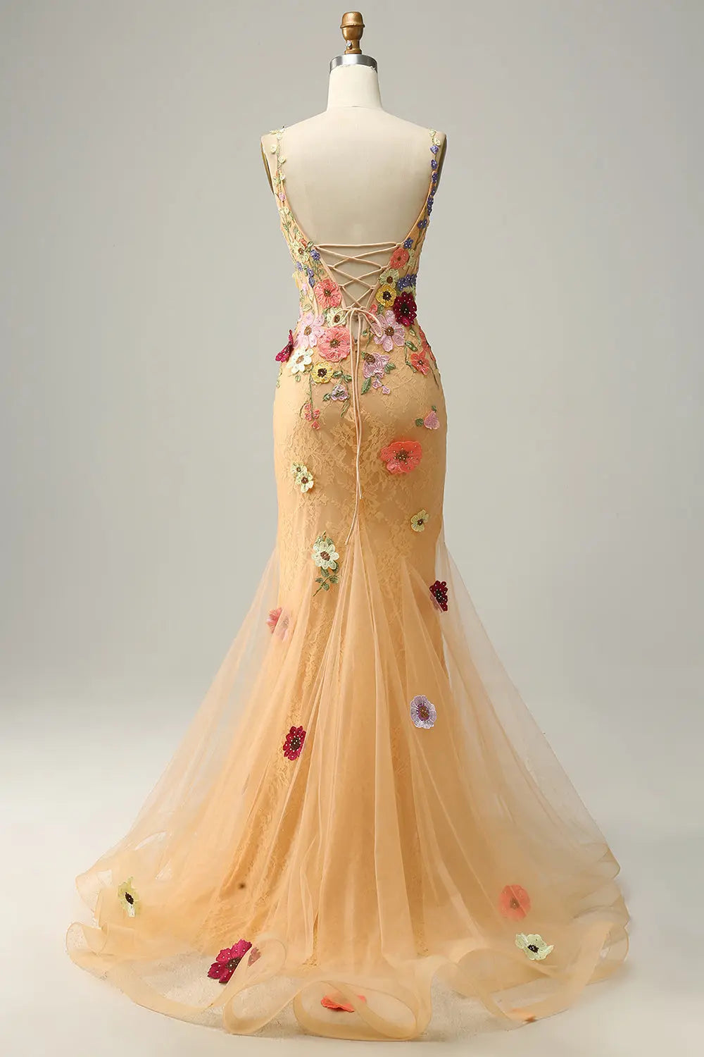 Luxury Champagne Spaghetti Strap Floral Embroidered Prom Dress SH440 