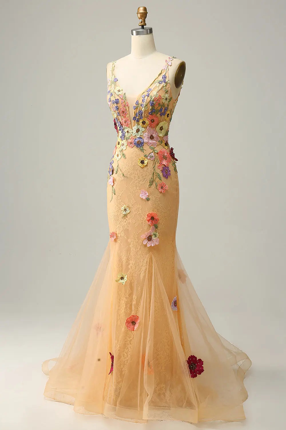 Luxury Champagne Spaghetti Strap Floral Embroidered Prom Dress SH440 