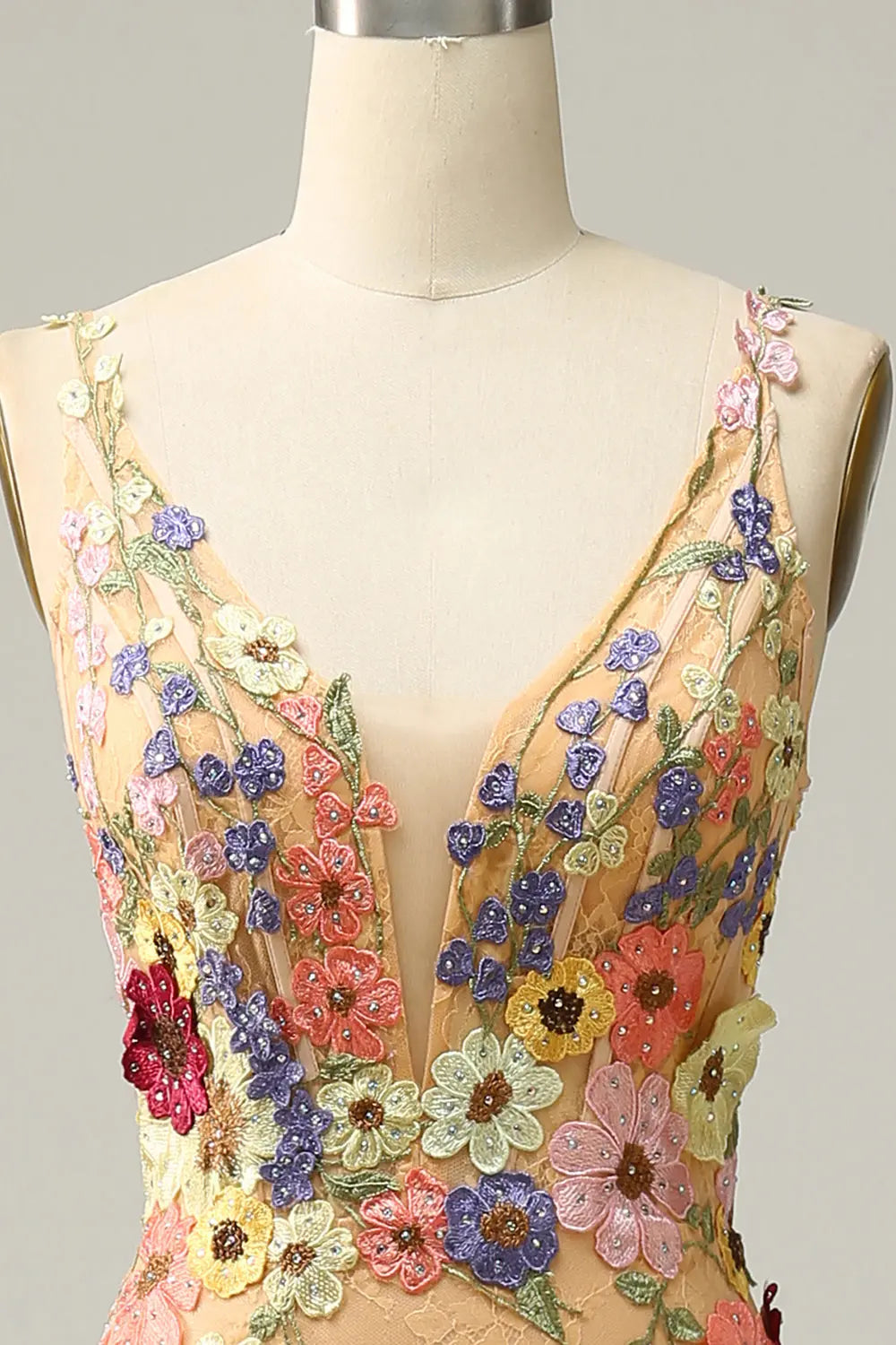 Luxury Champagne Spaghetti Strap Floral Embroidered Prom Dress SH440 