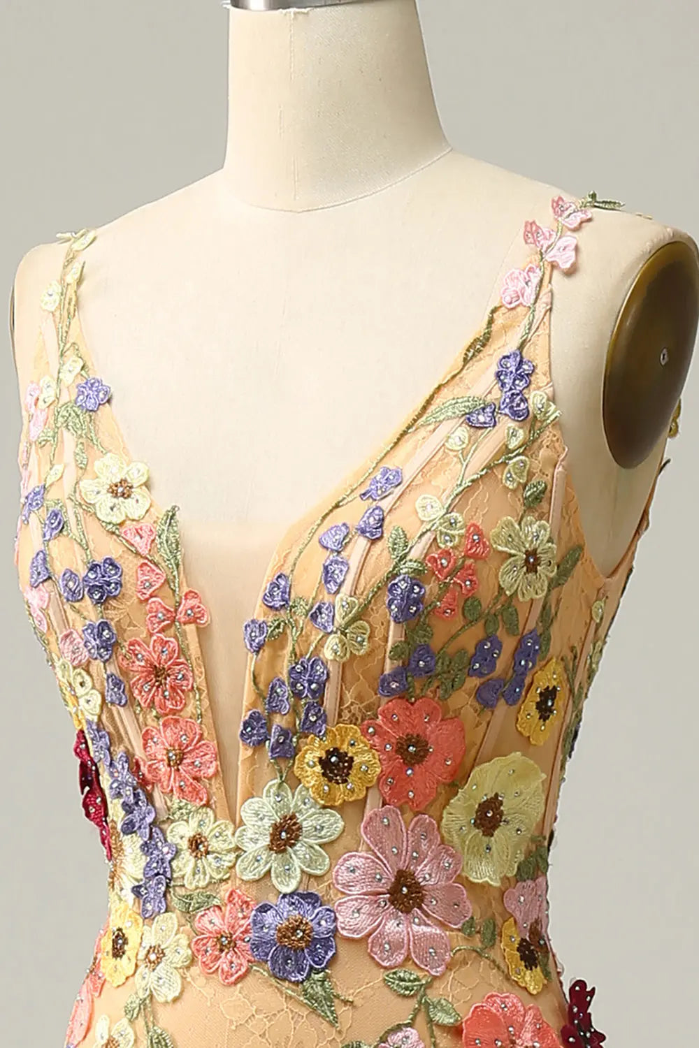 Luxury Champagne Spaghetti Strap Floral Embroidered Prom Dress SH440 