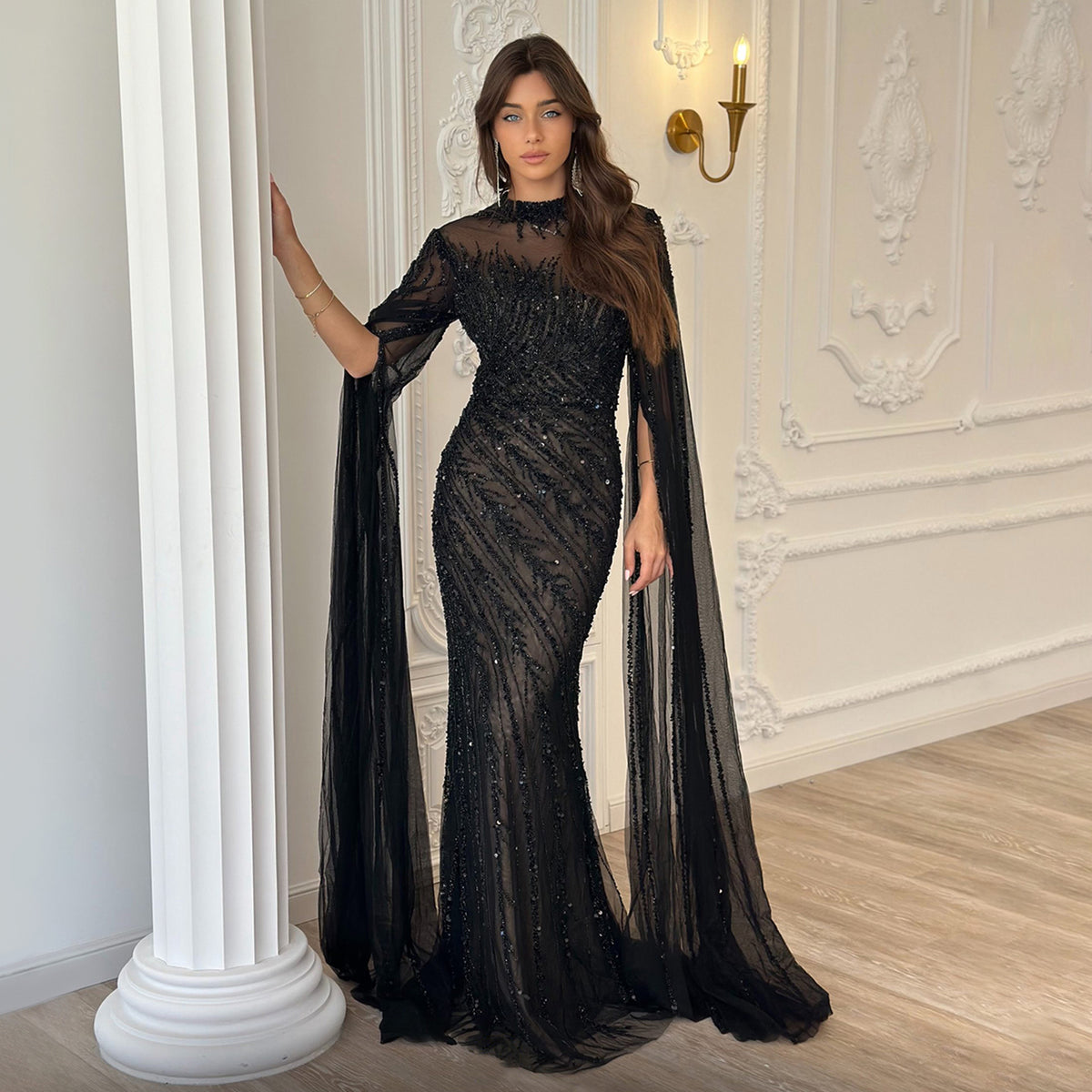 Sharon Said Luxury Dubai Black Nude Mermaid Evening Dresses with Cape Sleeves High Neck Women Weddig Party Formal Gowns SS162