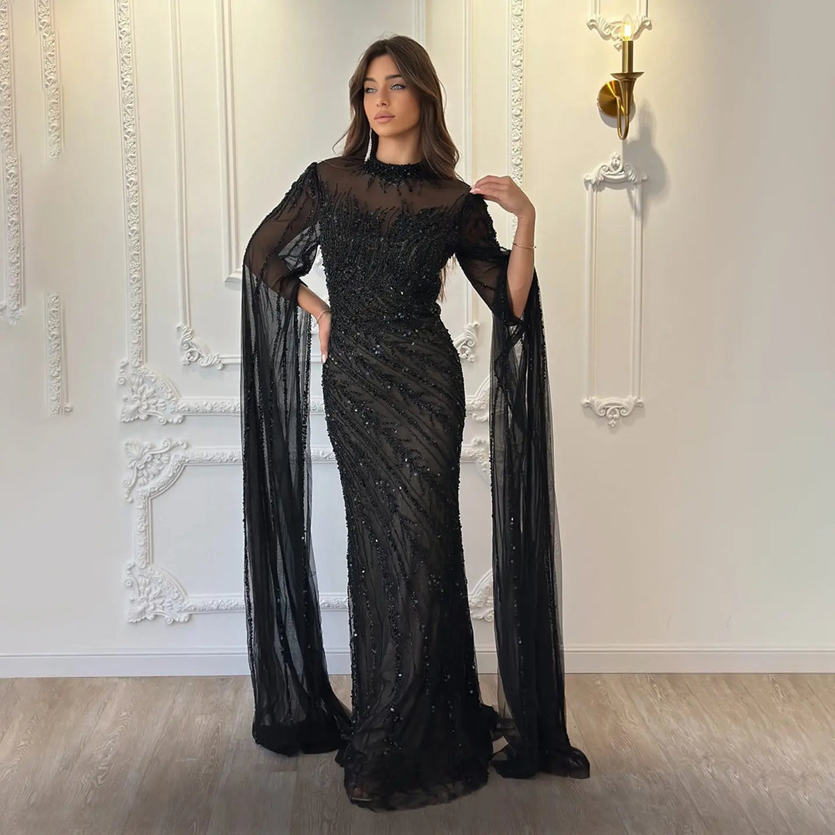 black long dress with cape Long Black Dress with Cape