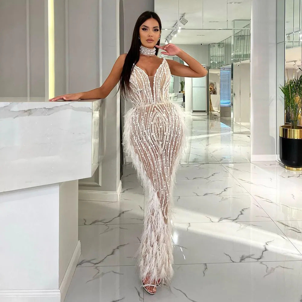 Sharon Said Luxury Feather White Nude Mermaid Evening Dress with Necklace Spaghetti Straps Women Wedding Party Prom Gowns SS185