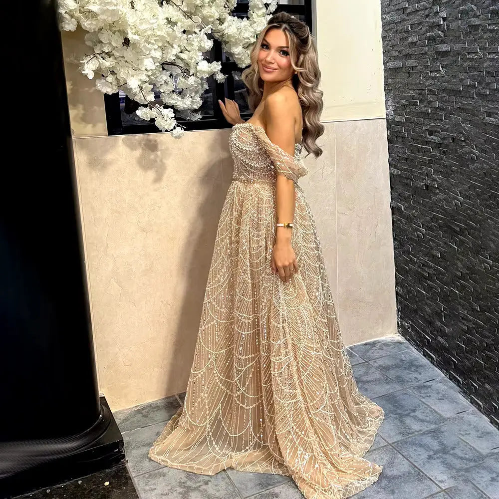 Luxury Beaded Champagne Off-Shoulder Evening Dress SS676