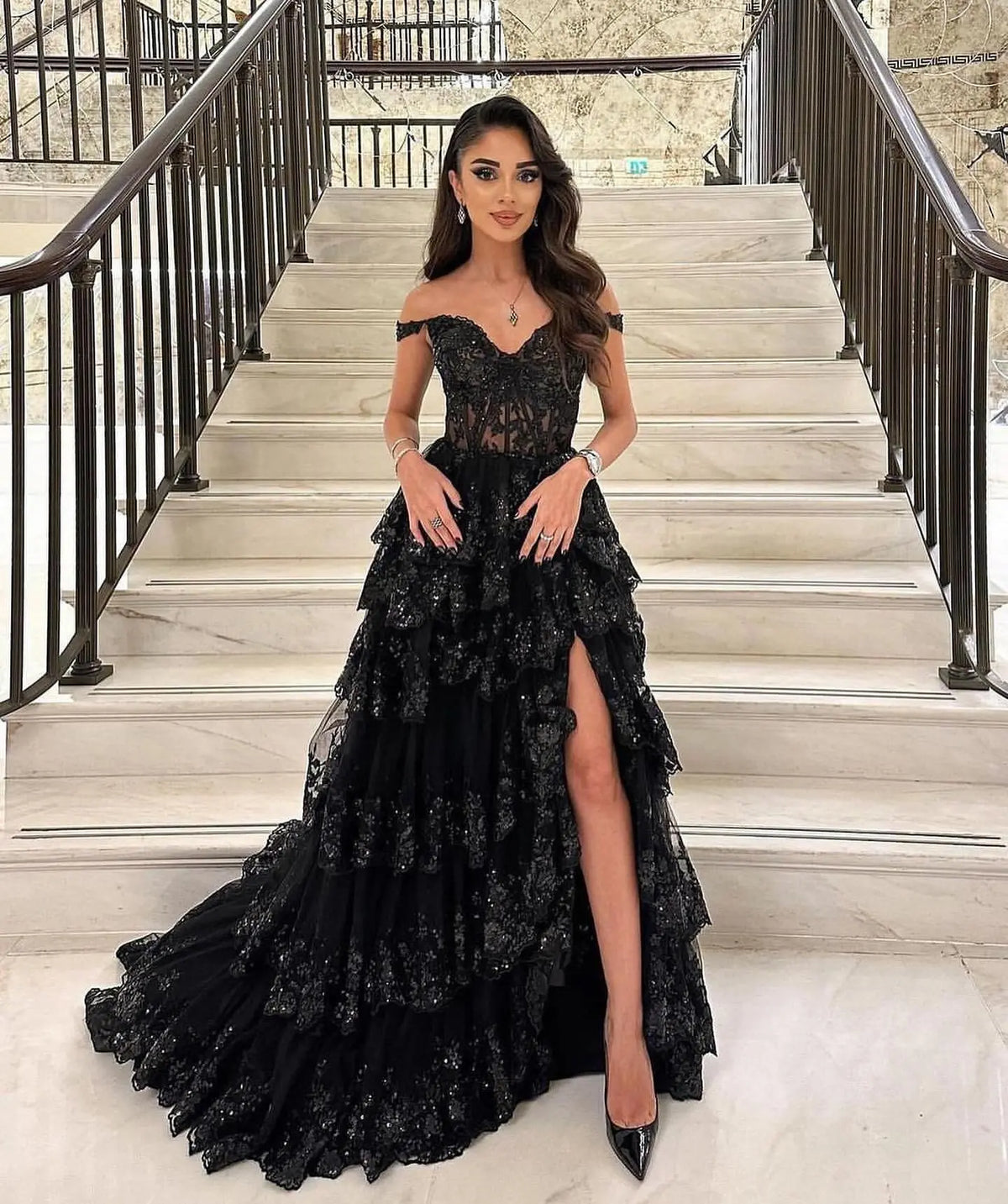Stylish Black Ruffles Off shoulder Prom Dress with High Slit SH150 Stylish Black Ruffles Off shoulder Prom Dress with High Slit SH150