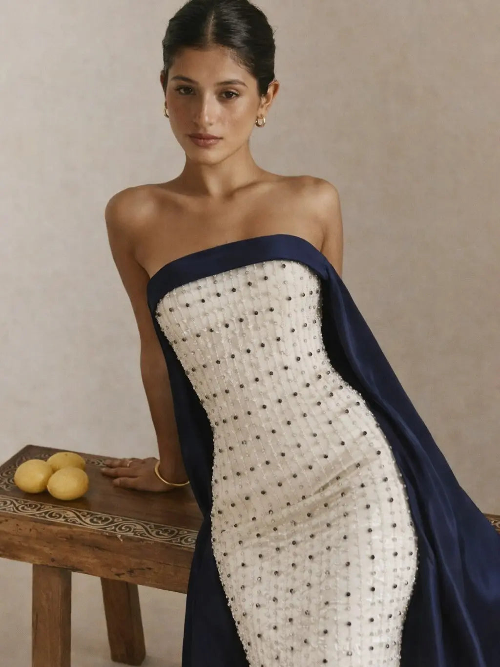 Luxury Navy Blue White Strapless Evening Dress SS422 