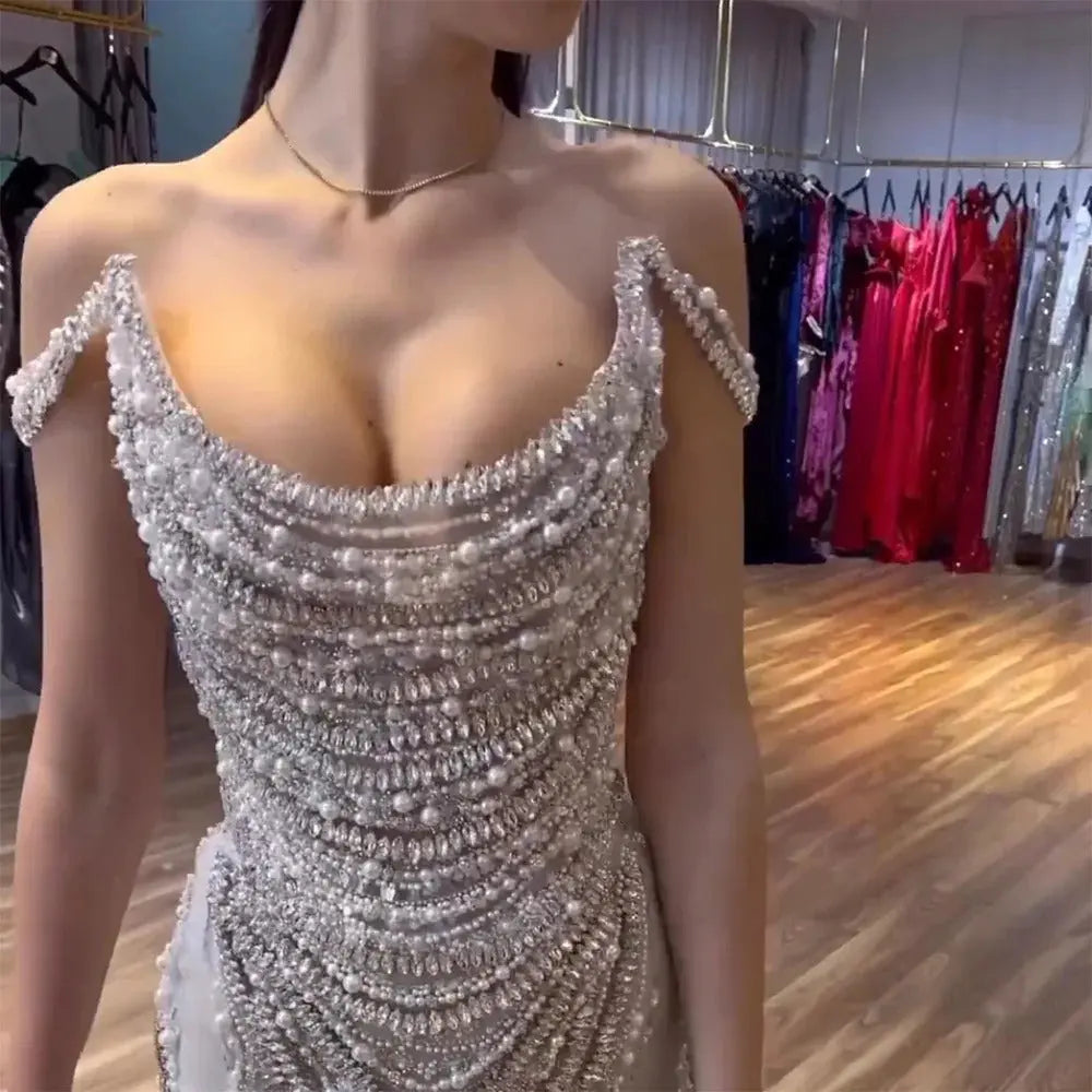 Luxury Crystal Silver Gray Mermaid Evening Dress SS403 