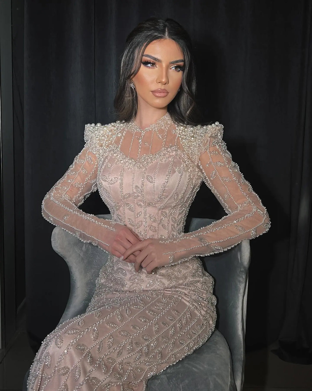 Luxury Cream Long Sleeves Evening Dress SS696 Luxury Cream Long Sleeves Evening Dress SS696
