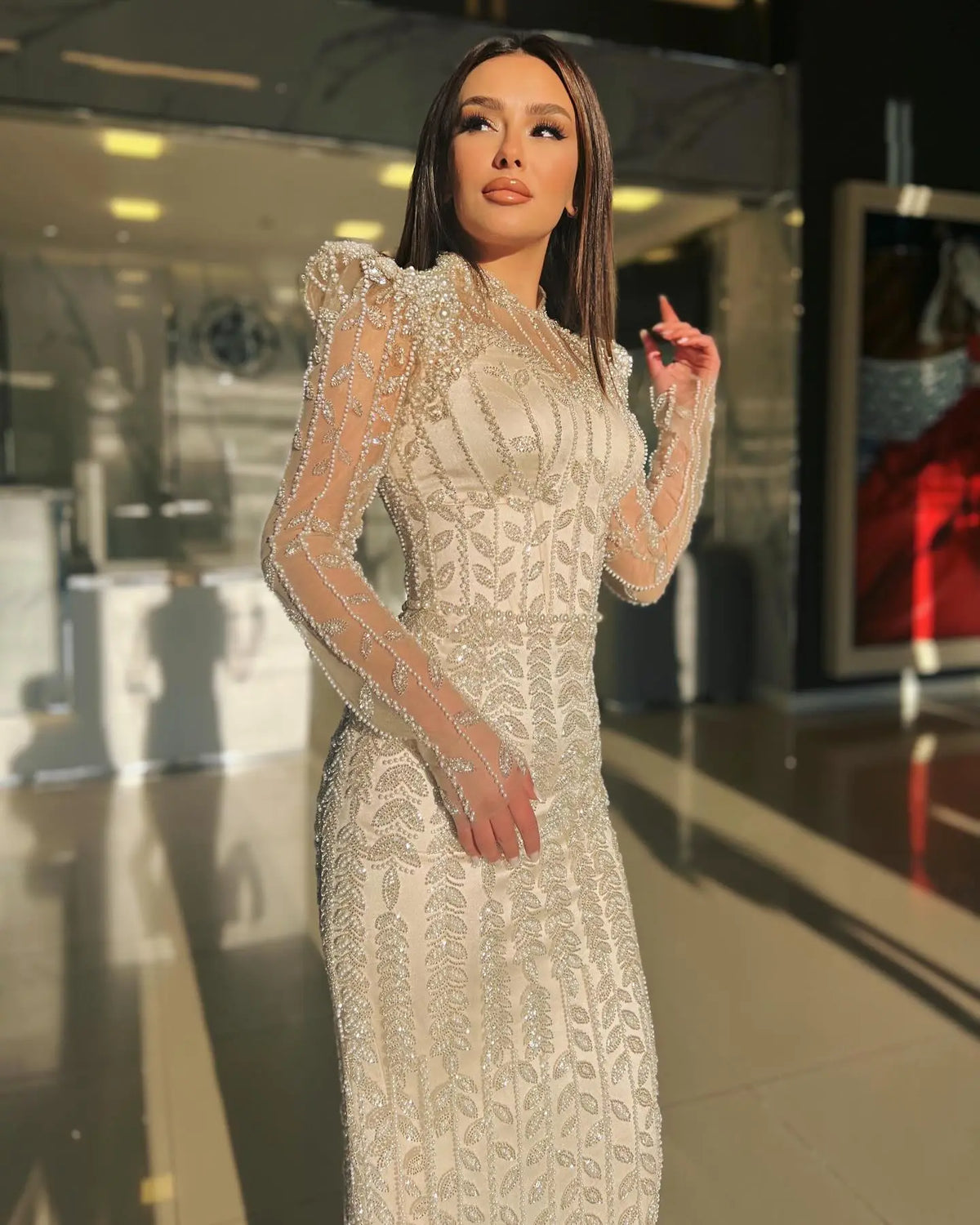 Luxury Cream Long Sleeves Evening Dress SS696 Luxury Cream Long Sleeves Evening Dress SS696