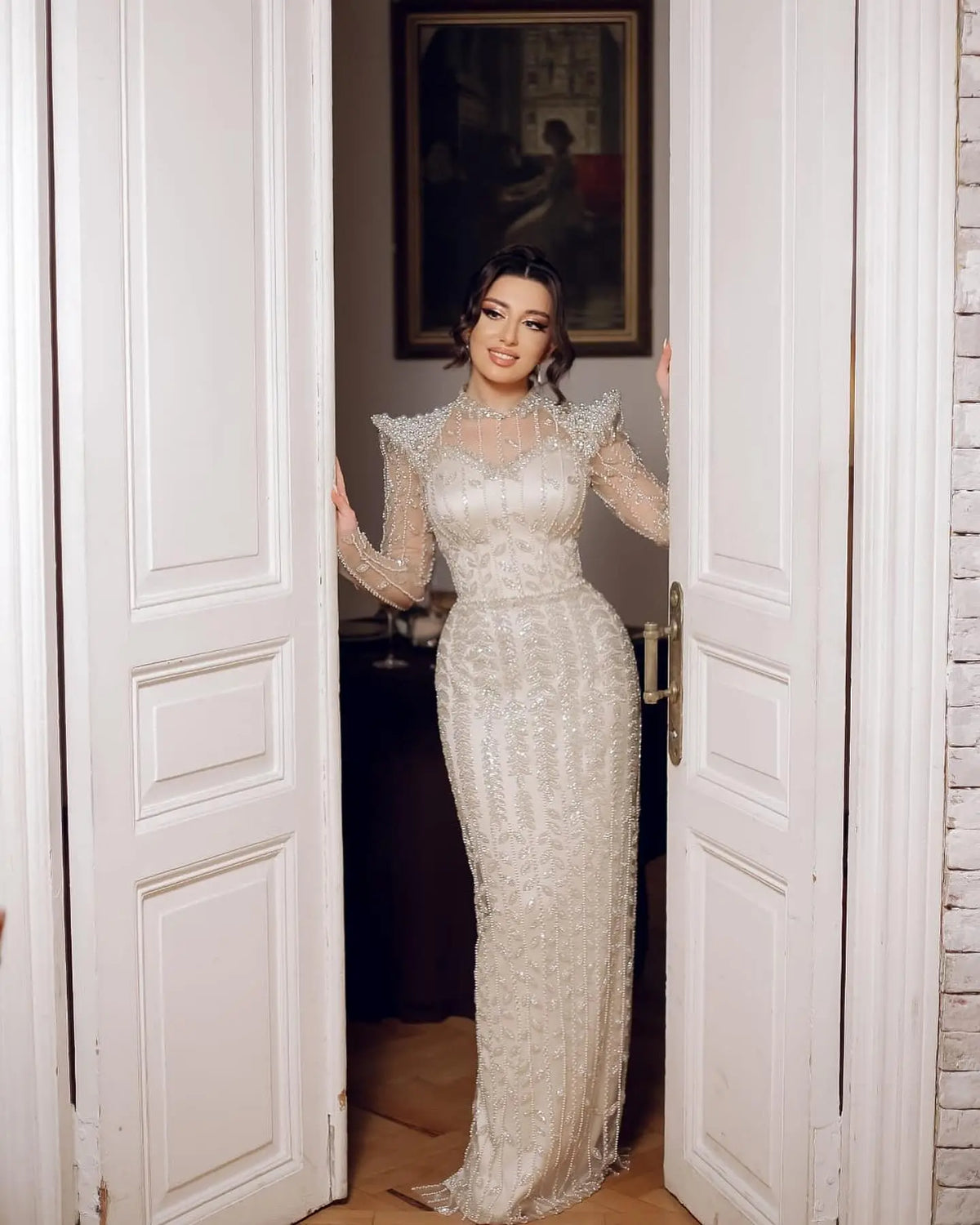 Luxury Cream Long Sleeves Evening Dress SS696 Luxury Cream Long Sleeves Evening Dress SS696