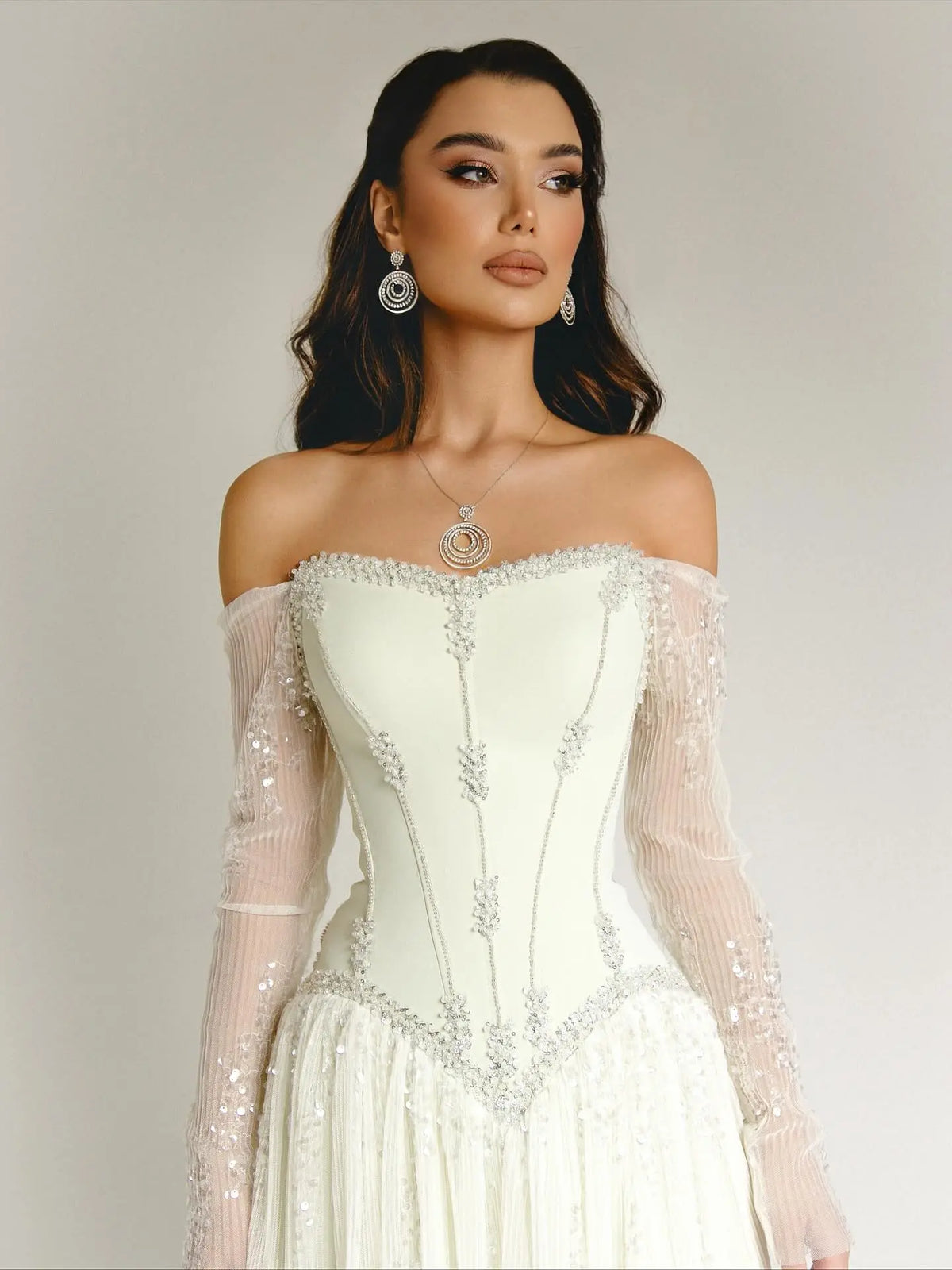 Luxury Beige Crystal Beaded Mesh Long Sleeve Evening Dress SS628 