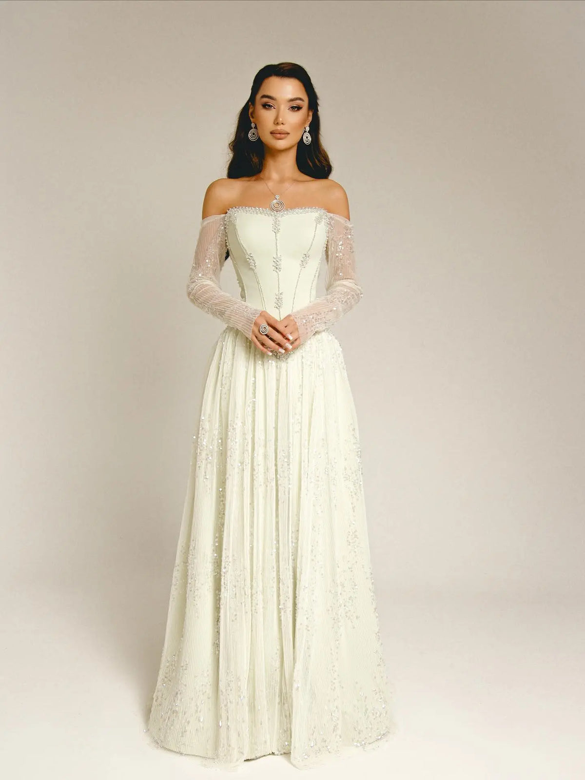 Luxury Beige Crystal Beaded Mesh Long Sleeve Evening Dress SS628 