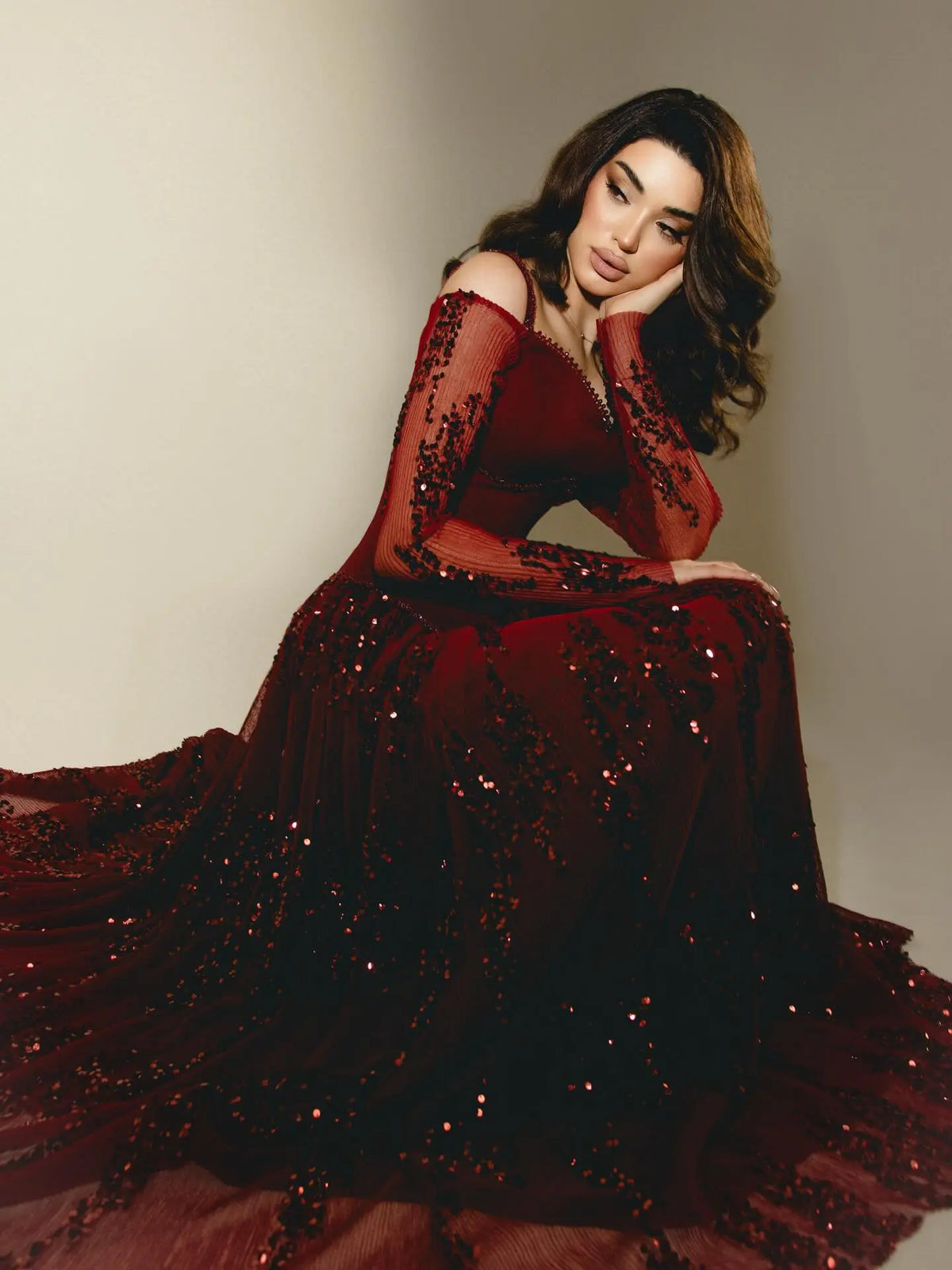 Luxury Beige Crystal Beaded Mesh Long Sleeve Evening Dress SS628 