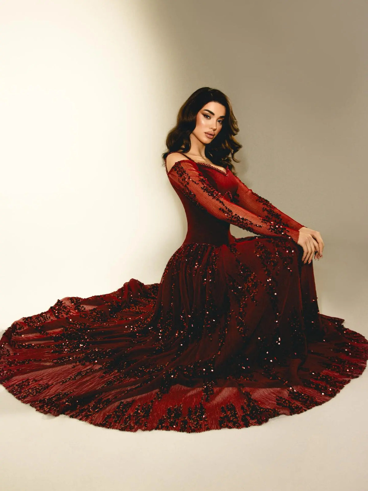 Luxury Beige Crystal Beaded Mesh Long Sleeve Evening Dress SS628 