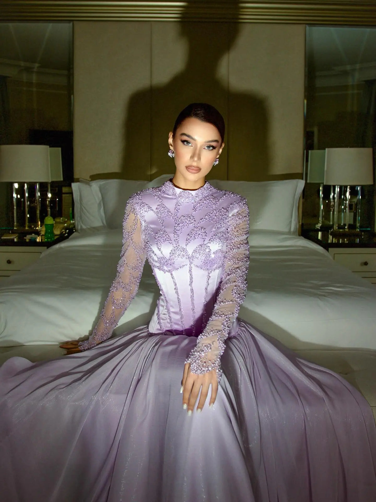 corset lilac dress Sparkly Mermaid Light Purple Corset Prom Dress with Slit