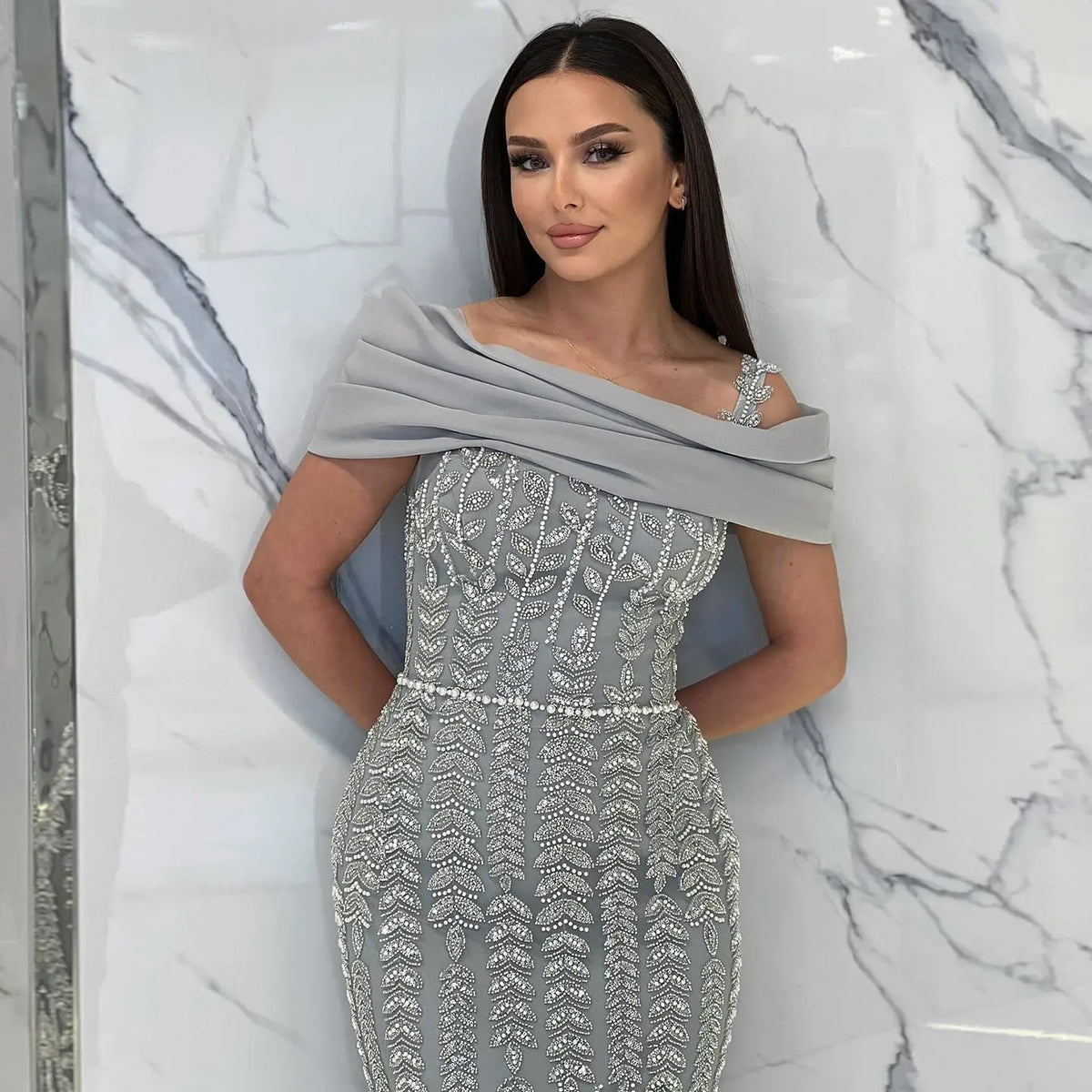 Elegant Off Shouler Silver Evening Dress with Slit SS713 Elegant Off Shouler Silver Evening Dress with Slit SS713