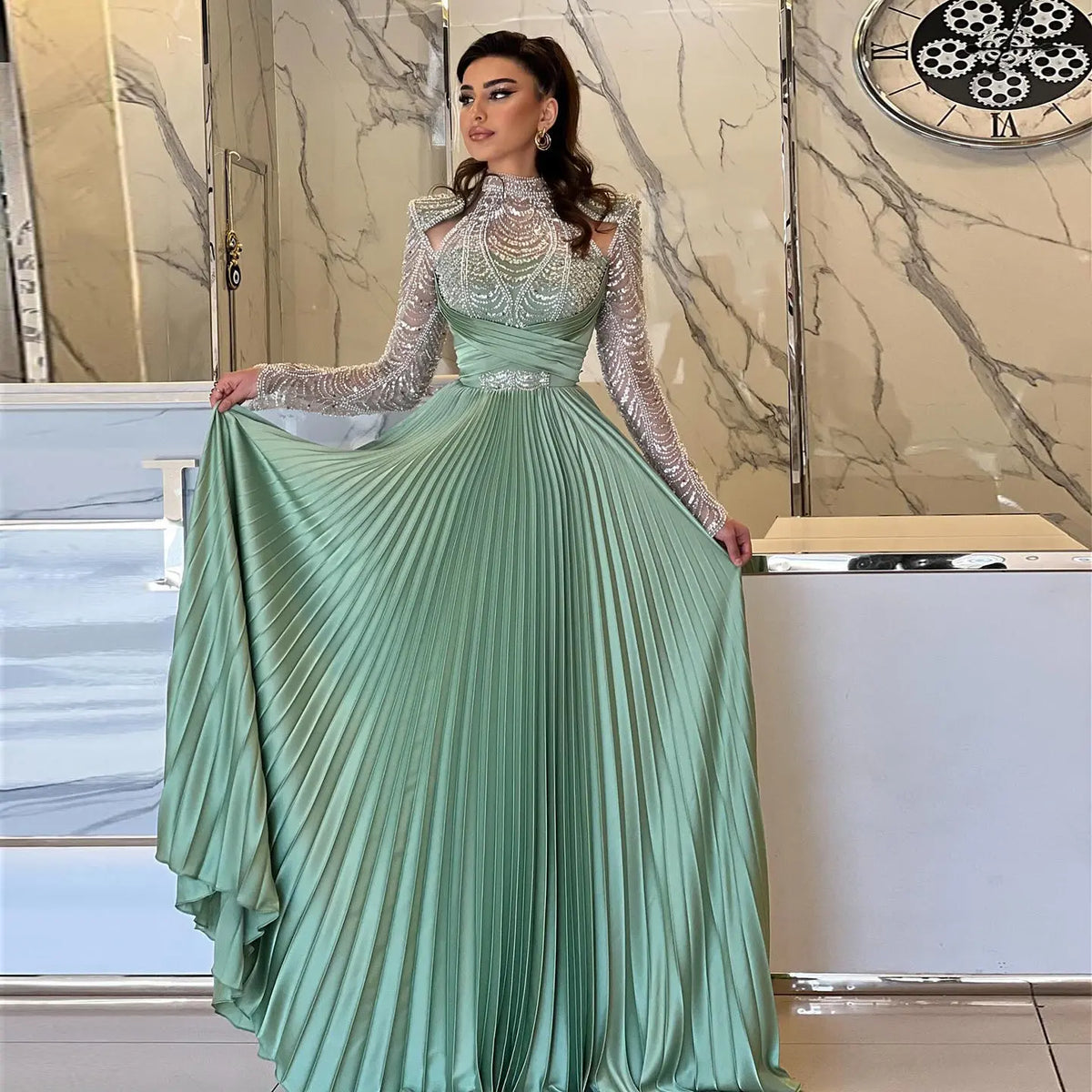 Chic Green Pleated Evening Dress with Beaded Long Sleeves SS674 - SHARONSAID Chic Green Pleated Evening Dress with Beaded Long Sleeves SS674 - SHARONSAID