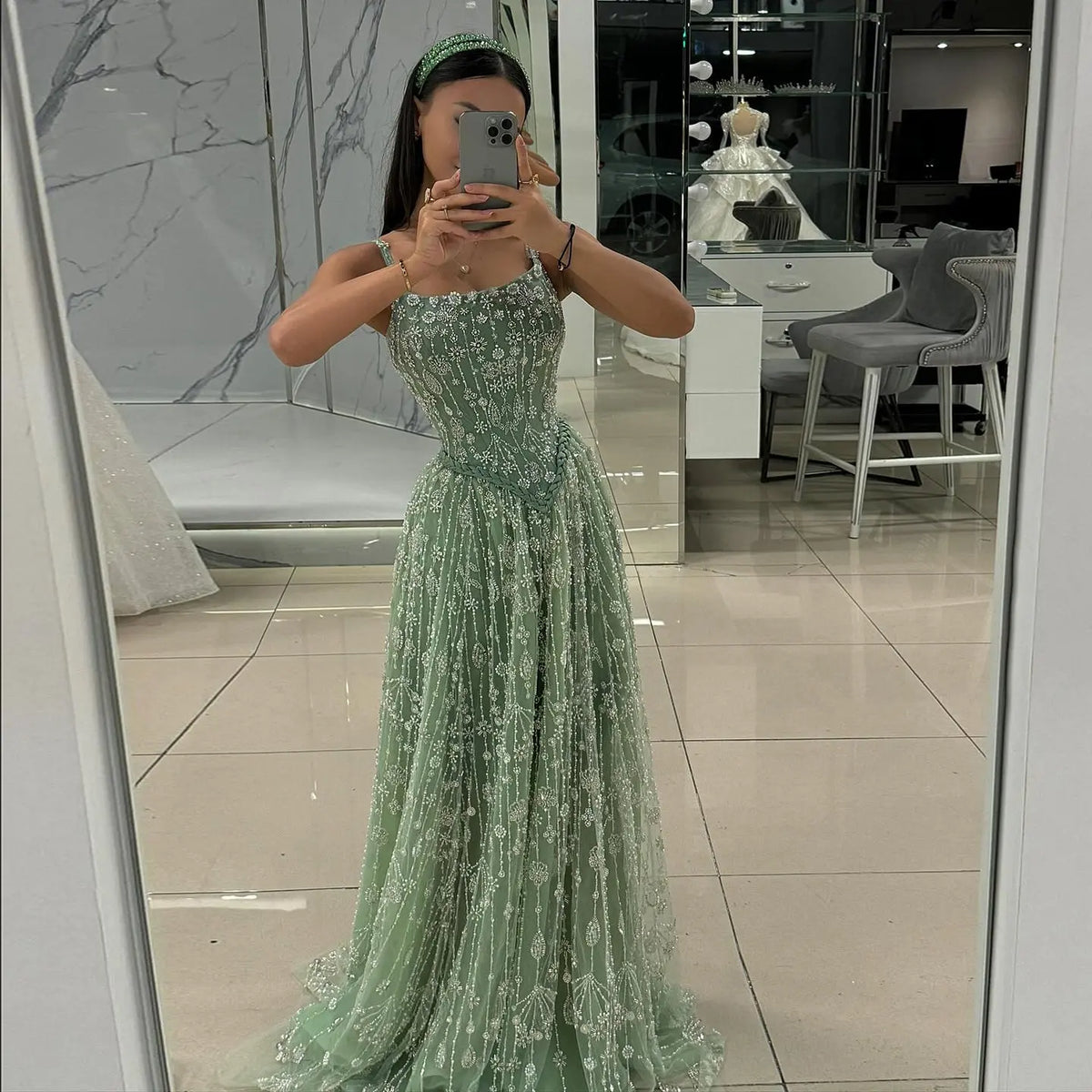 Luxury Sage Green Spaghetti A-Line Evening Dress SS693 Luxury Sage Green Spaghetti A-Line Evening Dress SS693