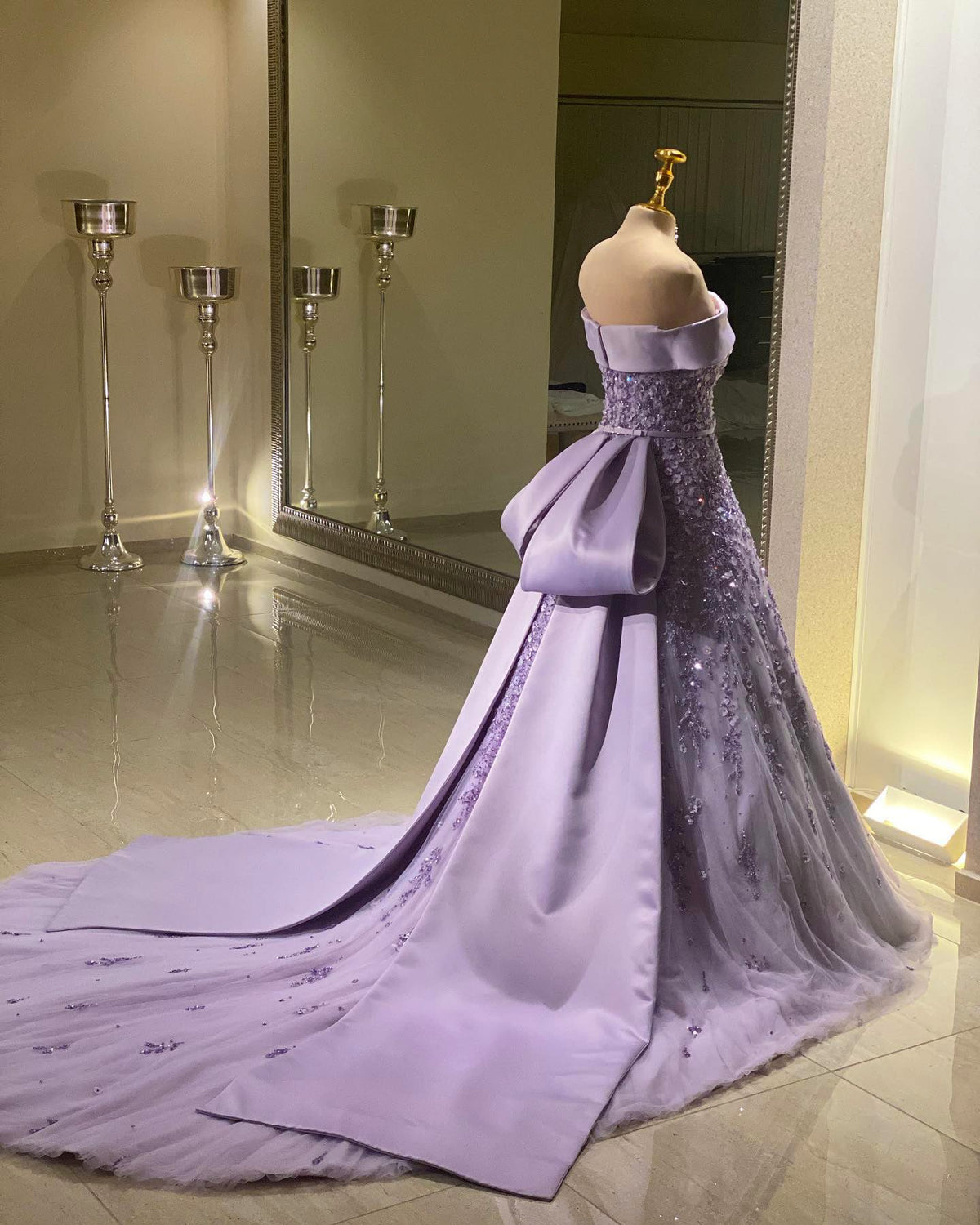 Luxury Beaded Lilac Mermaid Evening Dress with Overskirt SS556