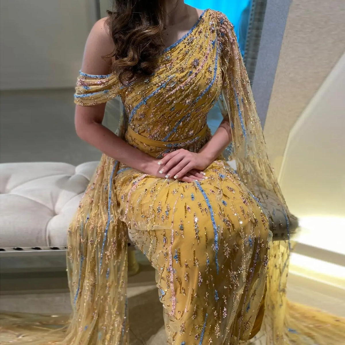 Colorful Beaded One Shoulder Yellow Evening Dress with Cape SS423 