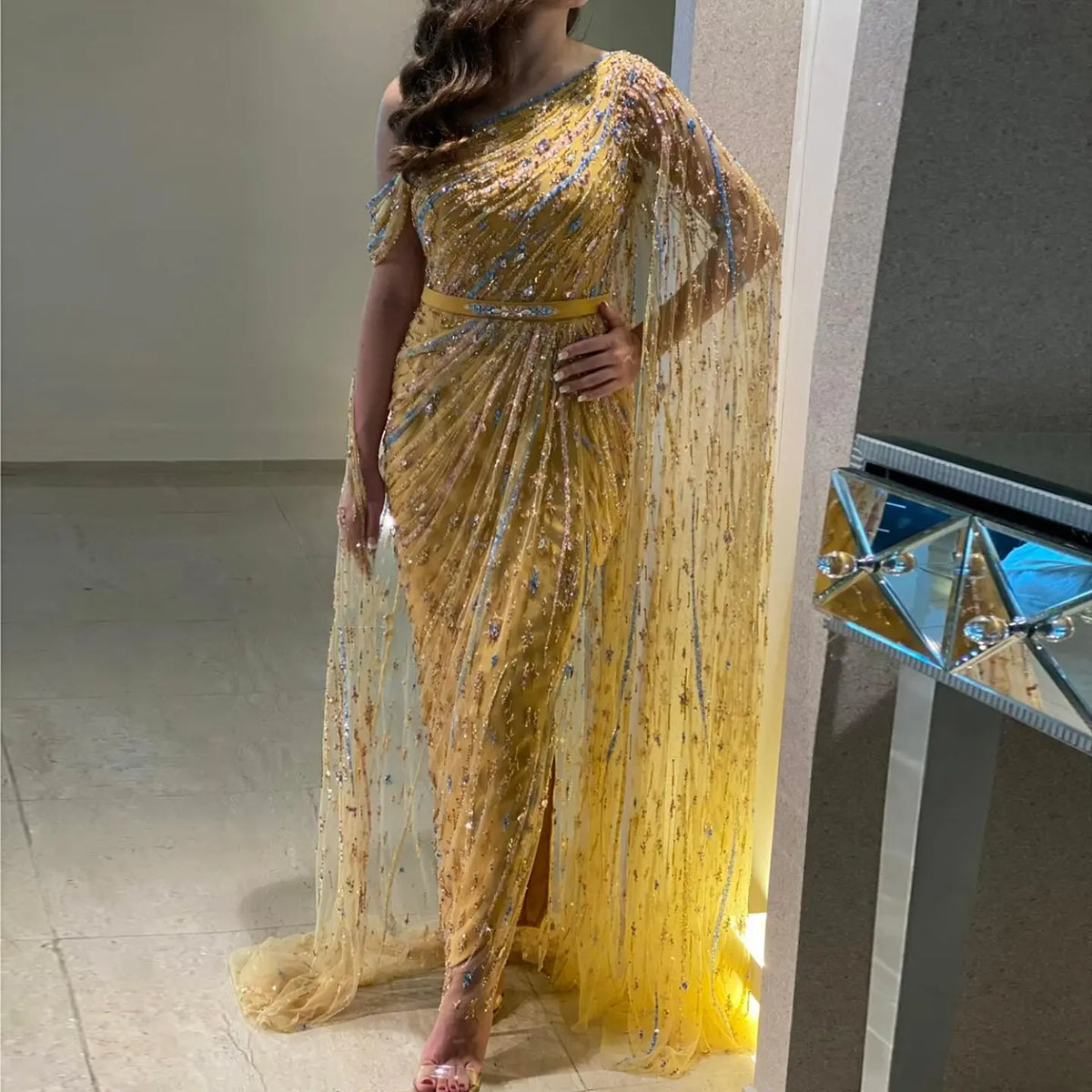 Colorful Beaded One Shoulder Yellow Evening Dress with Cape SS423 - SHARONSAID Colorful Beaded One Shoulder Yellow Evening Dress with Cape SS423 - SHARONSAID