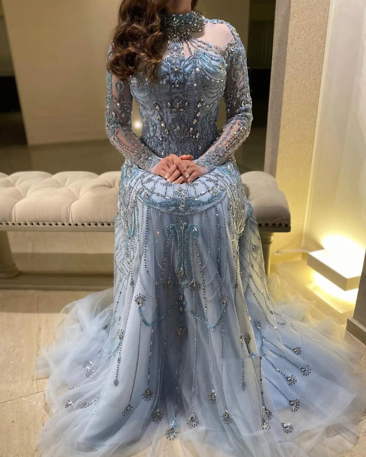 blue high neck formal dress High Neck Tulle Sky Blue Long Prom Dress with Embroidery PG860 US10 / Sky Blue