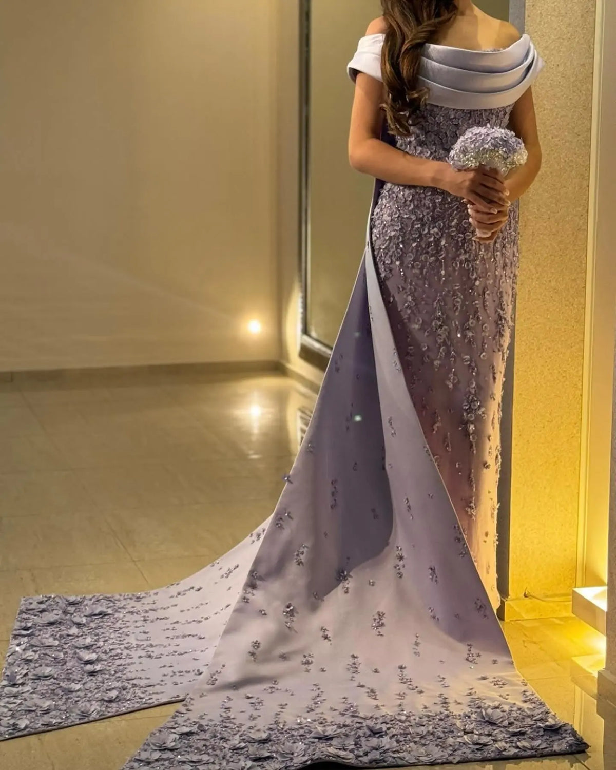 Elegant Crystal Lilac Mermaid Evening Dress with Overskirt SS555 Elegant Crystal Lilac Mermaid Evening Dress with Overskirt SS555
