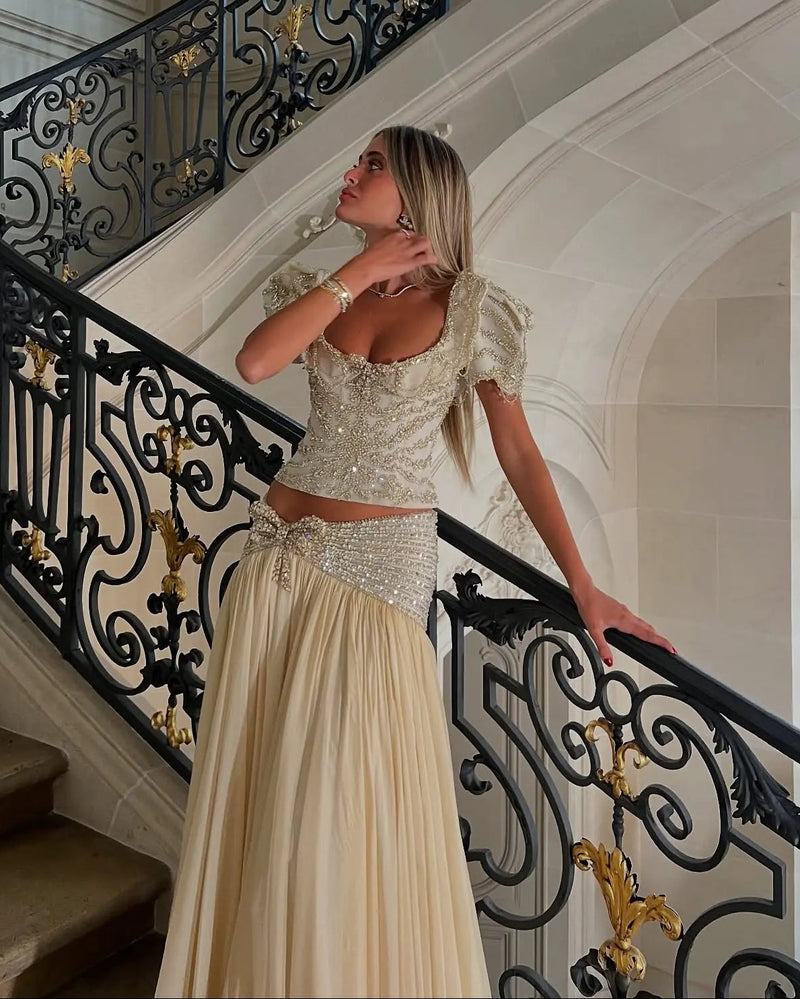 Champagne Beaded Corset Two-Piece Evening Dress with Puff Sleeves SS544 