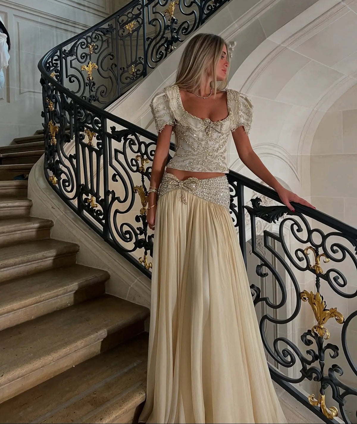 Champagne Beaded Corset Two-Piece Evening Dress with Puff Sleeves SS544 