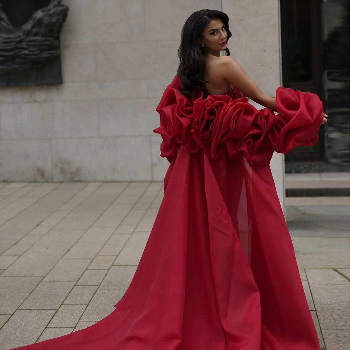 Luxury Pearl Red Evening Dress with 3D Flowers Cape SS585 