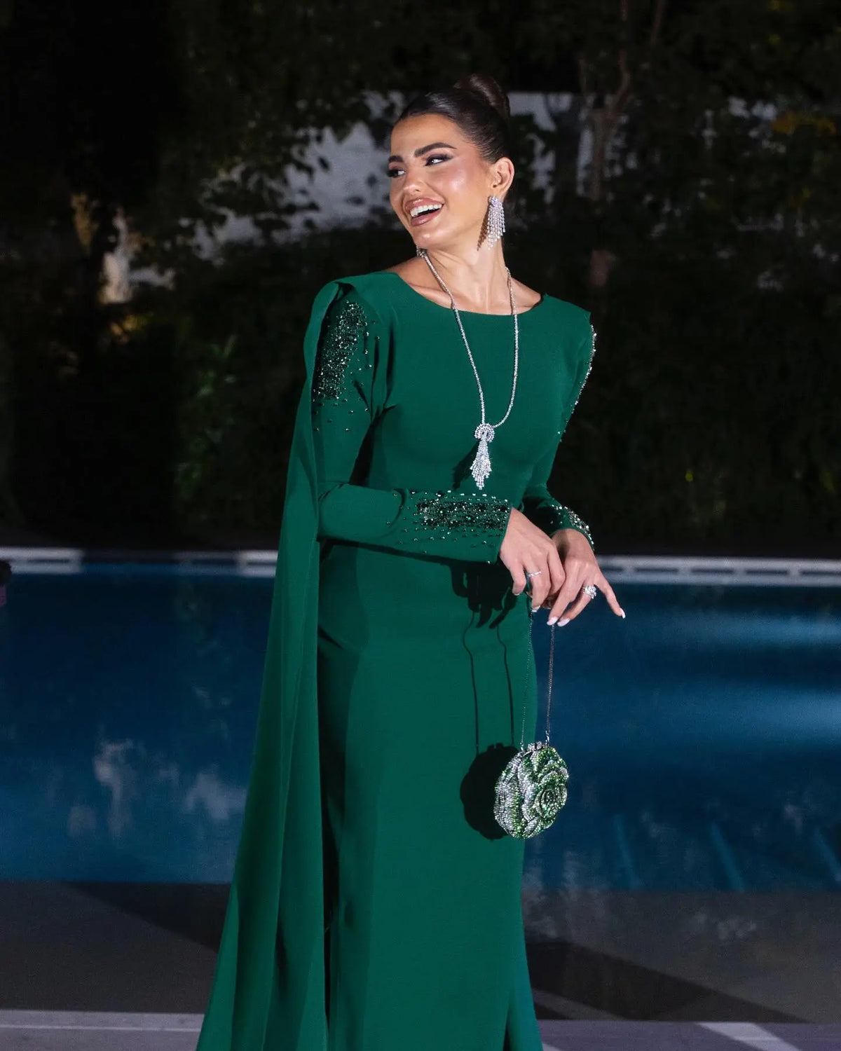 Elegant Green Long Sleeve Evening Dress with Cape SF464 