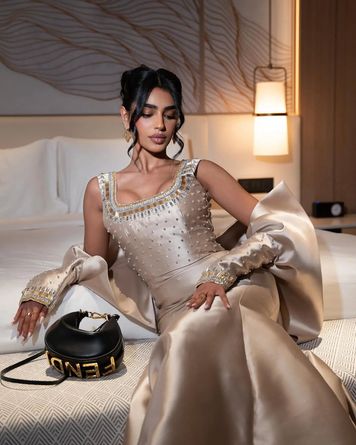 Luxury Khaki Beaded Satin Evening Dress with Statement Detachable Sleeves SS574-3