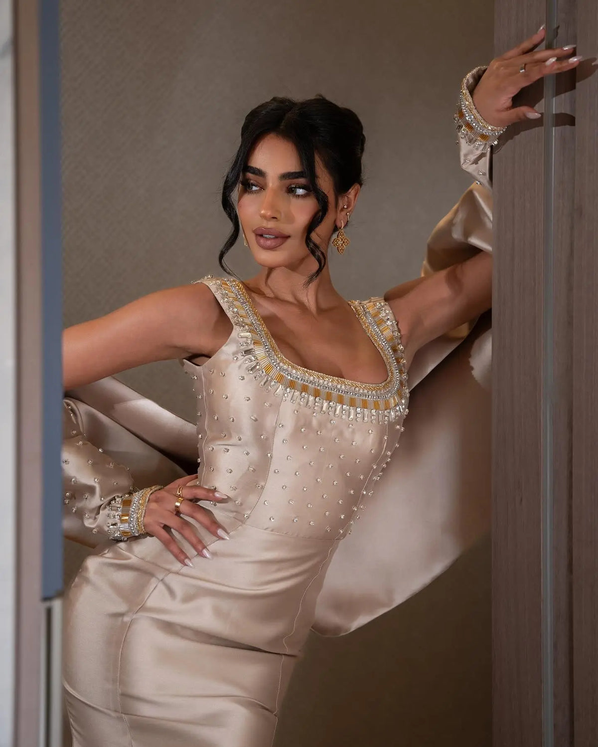 Luxury Khaki Beaded Satin Evening Dress with Statement Detachable Sleeves SS574-4